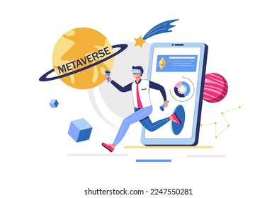 Metaverse concept with people scene in flat design. Man in VR glasses has fun and plays in virtual world with simulation of planets and objects. Vector illustration with character situation for web