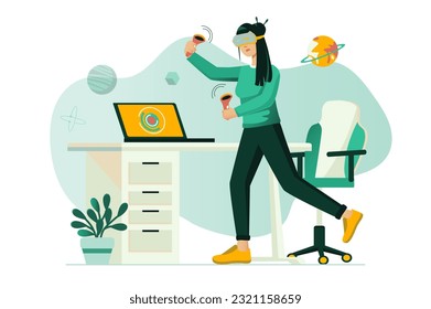 Metaverse concept with people scene in the flat cartoon design. A girl plays a video game in the metaverse. Vector illustration.