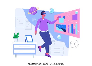 Metaverse concept with people scene for web. Man in VR glasses working or learning and interacts with data at dashboards in augmented reality simulation. Vector illustration in flat perspective design