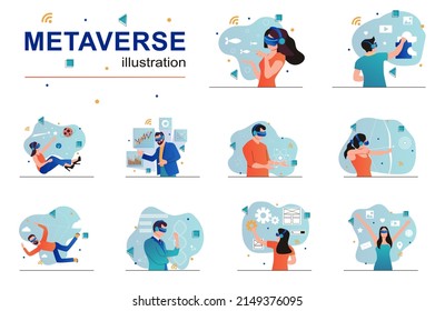 Metaverse Concept With People Scenes Set In Flat Design. Men And Women In VR Headset Using Cyberspace For Work, Playing Game, Study And Science. Vector Illustration Visual Stories Collection For Web