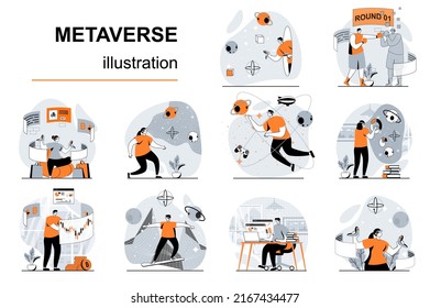 Metaverse concept with people scenes set in flat design. Women and men in VR glasses interacting with augmented reality for games, learning, work. Vector illustration visual stories collection for web