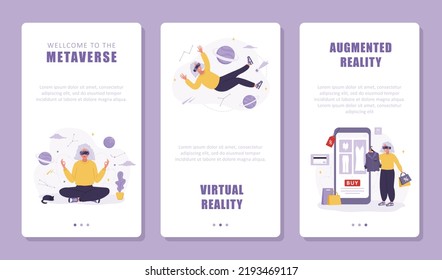 Metaverse-Konzept. Set von mobilen Bannern. Ältere Frauen mit VR-Headset. Verbessern Sie die Realität und den Cyberspace. Modernes Unterhaltungsprogramm. Vektorgrafik im flachen Cartoon-Stil.