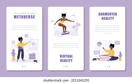 Metaverse concept. Set of mobile banners. African women wearing VR headset. Augment reality and Cyberspace. Modern technology entertainment. Vector illustration in flat cartoon style.