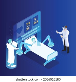 Metaverse concept student learning medical surgery in virtual world isometric 3d vector concept for banner, website, illustration, landing page, flyer, etc.