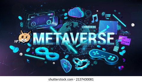 Metaverse concept and virtual world elements. Simulation of the world in virtual reality where you can do everything. VR, AG in Metaverse. 3D Neon Virtual reality gaming banner. 3D Helmet VR. Vector