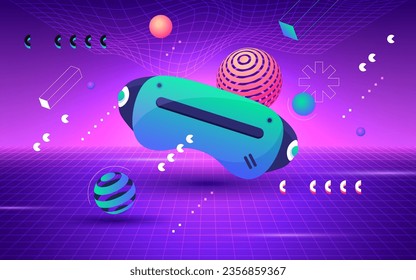 Metaverse concept. VR glasses for gaming with objects floating around on purple background. Virtual reality, future digital technology vector illustration. Futuristic life and modern device