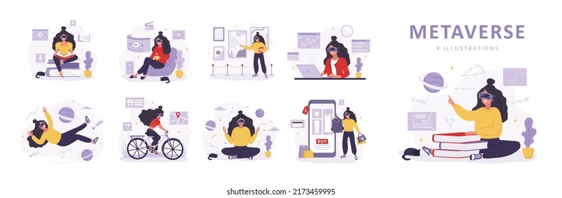 Metaverse concept. Women in virtual glasses learning, meditating, working and doing sport. Girls wearing VR headsets. Modern technological entertainment. Set of vector illustrations in flat style.