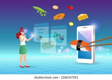 Metaverse in cooking food virtual reality environment. Woman wear VR goggle glass enjoy 3D experience cooking menu on smart phone metaverse screen device