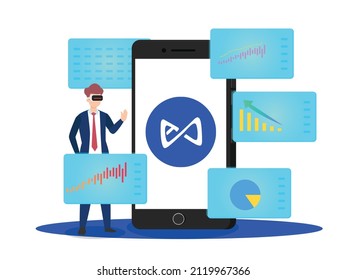 Metaverse cryptocurrency vector concept. Businessman wearing a VR goggles while trading Near coins on the cellphone