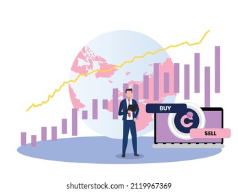 Metaverse cryptocurrency vector concept. Businessman using sell and buy chromic apps on the laptop while standing with growing financial graph background