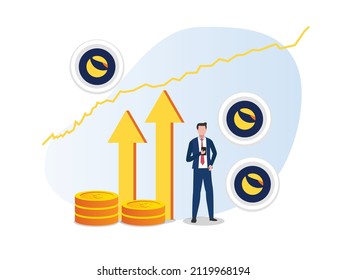 Metaverse cryptocurrency vector concept. Businessman using cellphone while trading Luna cryptocurrency coin with upward arrow in the cyberspace