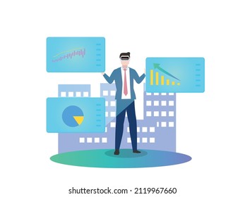 Metaverse el concepto de vector criptodivisa. Gerente masculino con gafas VR mientras trabaja con un gráfico de finanzas en el metaverso