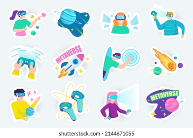 Metaverse cute stickers set in flat cartoon design. Bundle of man and woman in VR headset, joystick, gaming, rocket, space, controller and other. Vector illustration for planner or organizer template