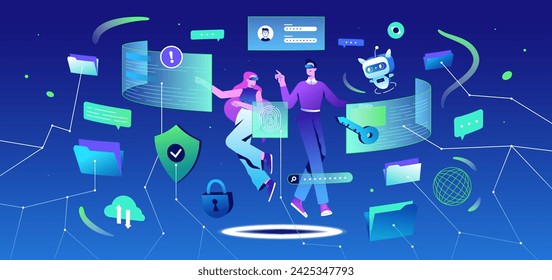 Metaverse cybersecurity. Flat people in VR headset glasses and ai robot solve problem of data privacy. Data protection. Characters floating in futuristic space and reducing risk of cyberattacks.