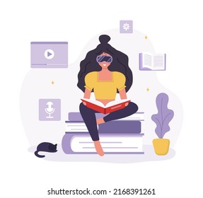 Metaverse, Cyberspace or Virtual reality concept. Woman in VR glasses sitting and reading books. Modern technology for education. Vector illustration in flat cartoon style.