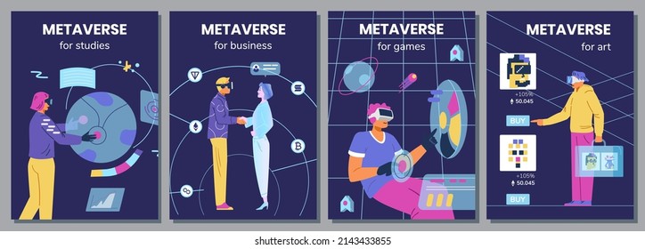 Metaverse in different life spheres set of vector posters. People in VR headsets using metaverse for their purposes - studies, games, business, investment in NFT art.