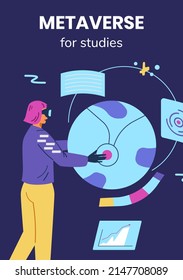 Metaverse in different life spheres vector poster. Woma in VR headsets using metaverse for studies.