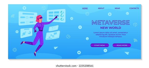 Metaverse digital cyber technology landing page template. Woman in VR glasses and VR suit manages business on virtual screens. Innovation experience, AR gaming. Suitable for banner, ui, website design