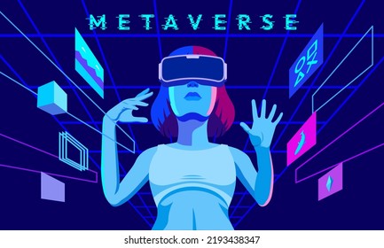 Las mujeres de la cibertecnología digital Metaverse usan gafas VR y auriculares conectados a la realidad virtual.