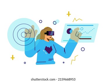 Metaverse digital cyber world concept with woman in virtual reality glasses surrounded with app interfaces, flat cartoon vector illustration isolated on white background.
