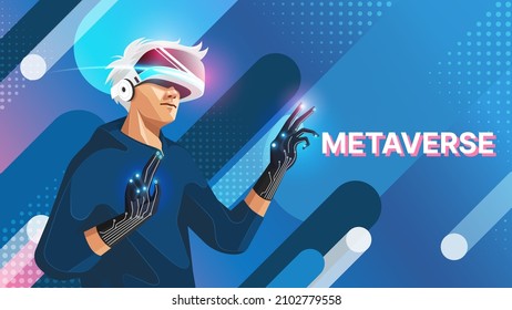 Metaverse digital cyber world technology, Man holding virtual reality glasses with haptic gloves on abstract background, vector illustration.