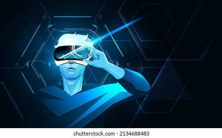 Metaverse digital cyber world technology, Man holding virtual reality glasses on blue abstract background, vector illustration.