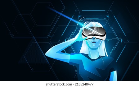 Metaverse digital cyber world technology, Woman holding virtual reality glasses on blue abstract background, vector illustration.