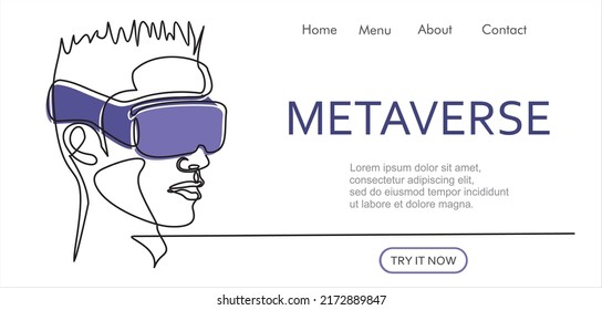 Metaverse digital cyber world technology, man with virtual reality VR goggle continuous one line drawing. Can used for logo, emblem, slide show and banner. Illustration with quote template.  