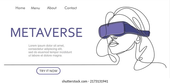 Metaverse digital cyber world technology, woman with virtual reality VR goggle continuous one line drawing. Can used for logo, emblem, slide show and banner. Illustration with quote template.  