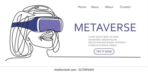 Metaverse digital cyber world technology, woman with virtual reality VR goggle continuous one line drawing. Can used for logo, emblem, slide show and banner. Illustration with quote template.