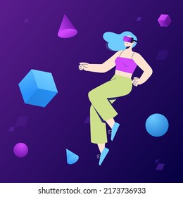 Metaverse digital cyber world technology, girl holding virtual reality glasses in cyberspace. Modern interface for relax and explore. Cartoon flat vector illustration