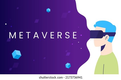Metaverse tecnología digital del cibermundo, hombre con gafas de realidad virtual en el ciberespacio. Interfaz moderna para investigación, imágenes futuristas. Dibujo vectorial plano de dibujos animados