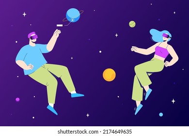 Metaverse digital cyber world technology, Man and woman are holding virtual reality glasses in cyberspace. Modern interface for communication, dating and gaming. Cartoon flat vector illustration