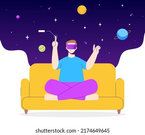 Metaverse digital cyber world technology. Man holding virtual reality glasses at home. Modern interface for research and study. Cartoon flat vector illustration