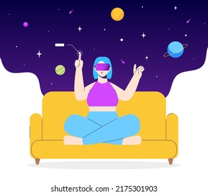 Metaverse digitale Cyberwelttechnologie. Mädchen, das zu Hause eine Brille mit virtueller Realität hält. Moderne Schnittstelle für Forschung und Forschung. Cartoon-Flavektor-Vektorgrafik