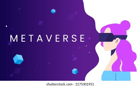 Metaverse tecnología digital del cibermundo. Niña sosteniendo gafas de realidad virtual en el ciberespacio. Interfaz moderna para la investigación. Imágenes futuristas. Dibujo vectorial plano de dibujos animados