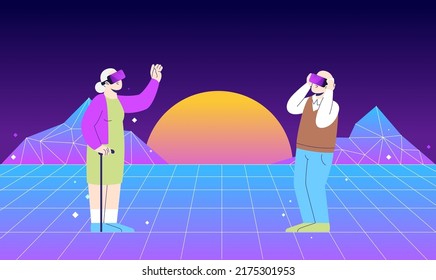 Metaverse digital cyber world technology. Elderly couple holding virtual reality glasses in cyberspace. Modern interface for communication and explore world. Cartoon flat vector illustration