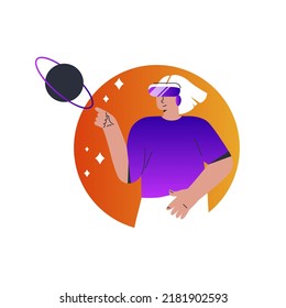 Metaverse digital cyber world technology, woman with virtual reality VR goggle playing AR augmented reality game and entertainment. Flat vector.
