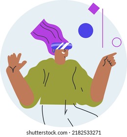 Metaverse digitale Cyber-Welt-Technologie, Frau mit virtueller Realität VR Google-Kampf spielen AR erweiterte Realität Spiel und Unterhaltung. Flacher Vektor.