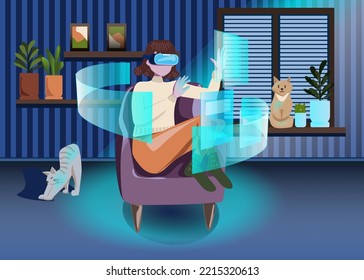 Metaverse digital cyber world technology, woman holding virtual reality glasses surrounded with futuristic interface 3d hologram data, woman in a cozy room with cats and plants. Vector illustration.