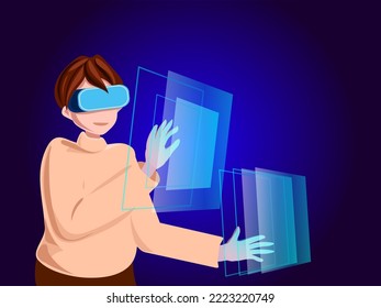 Metaverse digital cyber world technology, man holding virtual reality glasses surrounded with futuristic interface 3d hologram data.