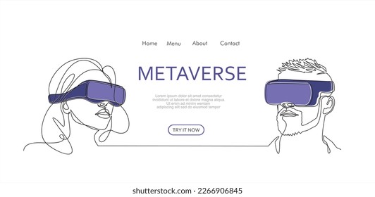 Metaverse digital cyber world technology, man and woman with virtual reality VR goggle continuous one line drawing. Can used for logo, emblem and banner. Illustration with quote template.  