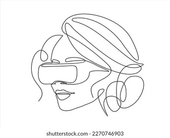 Metaverse digitale Cyber-Welt-Technologie, Frau mit virtueller Realität VR Google-Kampf kontinuierlich eine Linie Zeichnung. Kann für Logo, Emblem, Diashow und Banner verwendet werden. 