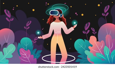 Metaverse tecnología digital de cibermundo, personaje de mujer con gafas realidad virtual. VR