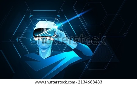 Metaverse digital cyber world technology, Man holding virtual reality glasses on blue abstract background, vector illustration. 商業照片 © 