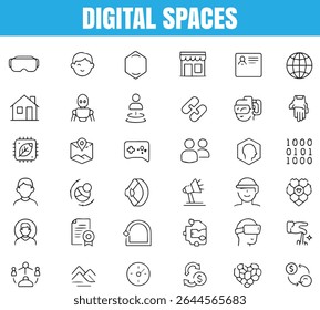 Metaverse and Digital Spaces Line Icons,  VR Headset, Avatar, Blockchain, Chat Bubble,  Ideal for UI, UX design,   Provided in editable EPS and high quality jpg formats