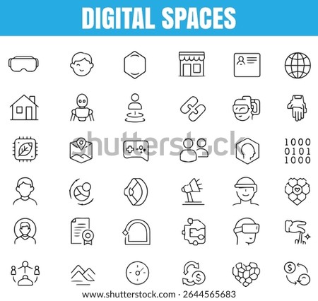Metaverse and Digital Spaces Line Icons,  VR Headset, Avatar, Blockchain, Chat Bubble,  Ideal for UI, UX design,   Provided in editable EPS and high quality jpg formats