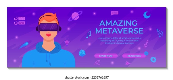 Banner-Vorlage für digitale Metaverse-Technologie. Der Mensch verwendet VR-Headset, umgeben von einer Cybermetaverse-Simulation. Innovation Netzwerk Erfahrung, AR Gaming. Geeignet für Landing-Page, Website-Design, Coupon