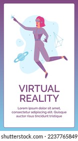 Metaverse digital technology concept. Woman in VR headset glasses and VR suit. Augmented reality world simulation. Template for poster, cover, flyer, invitation, advertising, ui mobile, promo, stories
