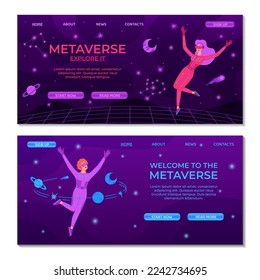 Metaverse digital technology landing page template. Woman in VR glasses and VR suit. Cyberspace equipment for AR gaming, entertainment, education, business. Suitable for banner, ui, website design